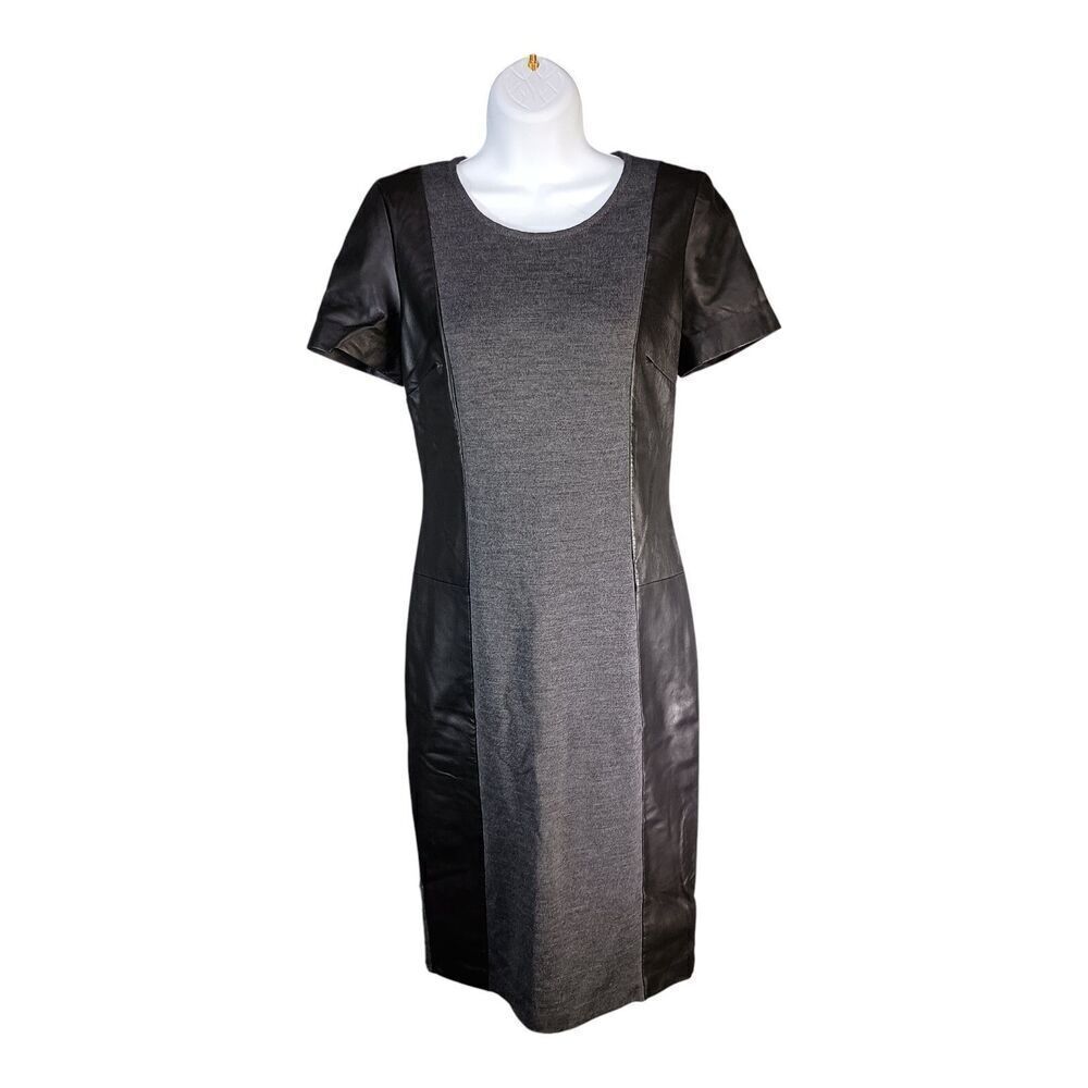 St. John Dress Wool Leather Bodycon Knee-Length Sleeveless Black/Grey Women's 2